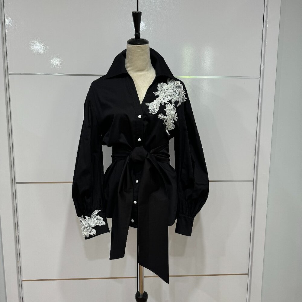 GIZIA Belted Embroidery Detailed Voluminous Sleeve Black Blouse, Size 38 - Picture 1 of 17
